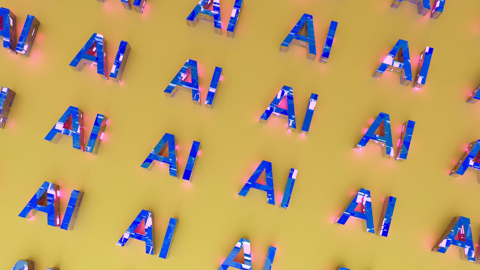 Repeating 3D "AI" letters illustrating the breadth of AI systems now subject to UAE regulation